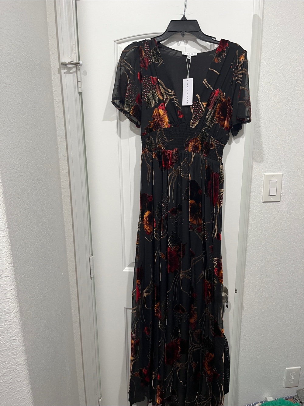 Baltic Born Black Maxi Dress with Red and Gold Floral Print